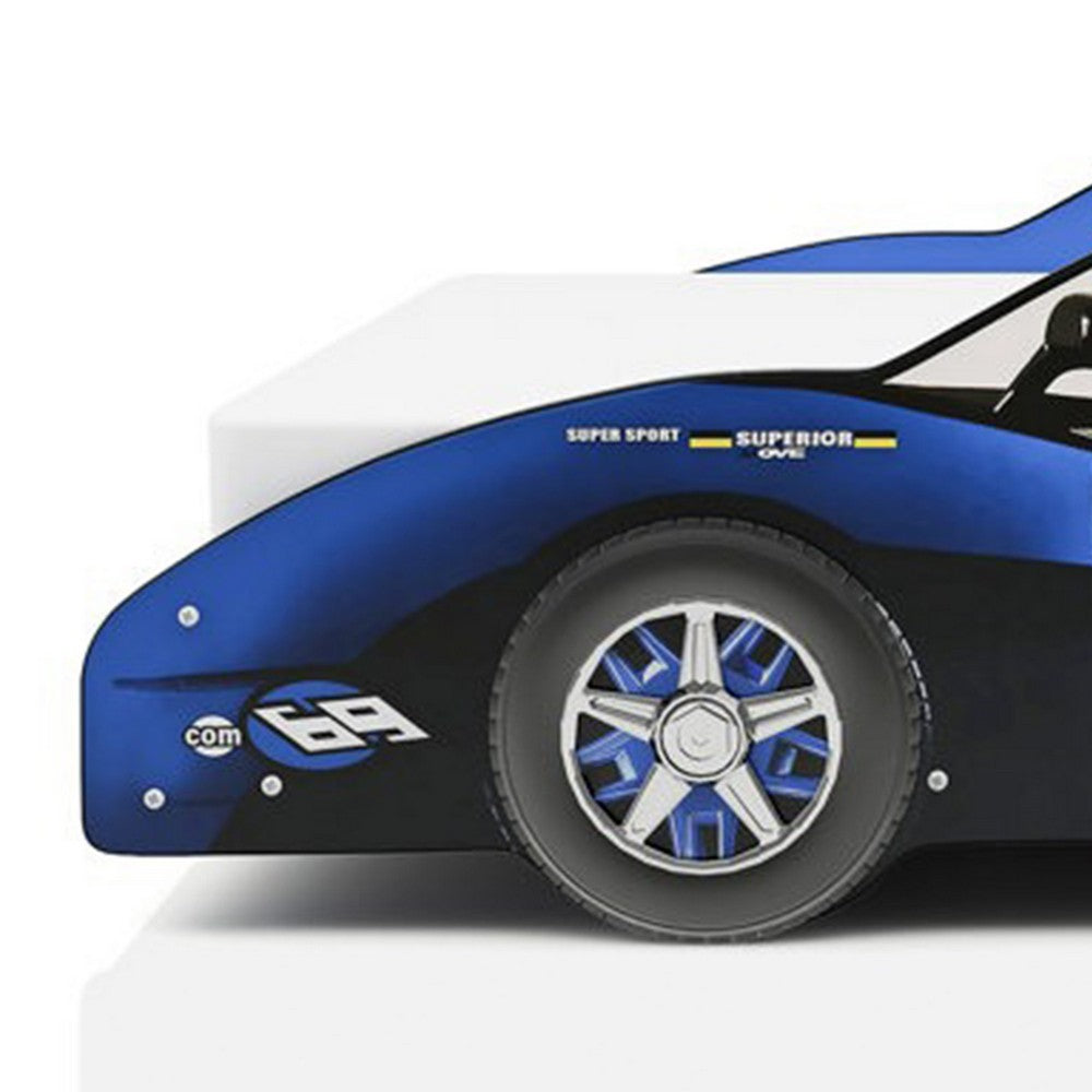Teri Twin Size Kids Bed with Racecar Decals and Spoiler, Blue - BM342392