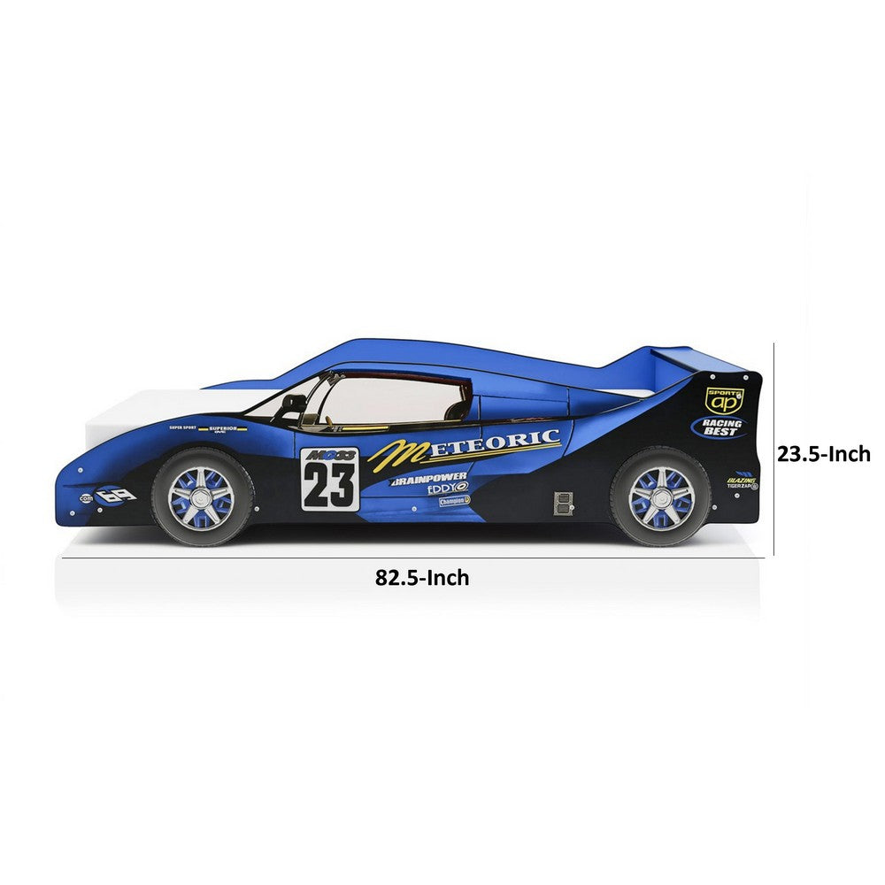 Teri Twin Size Kids Bed with Racecar Decals and Spoiler, Blue - BM342392