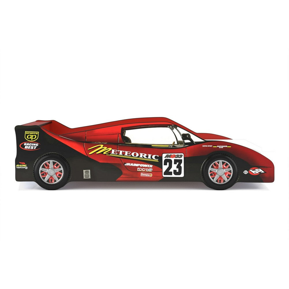 Teri Twin Size Kids Bed with Racecar Decals and Spoiler, Maroon Red - BM342393