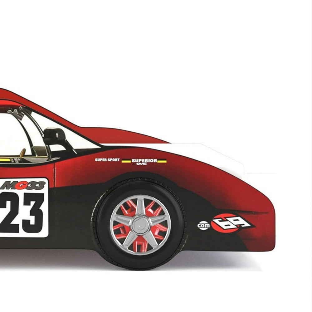 Teri Twin Size Kids Bed with Racecar Decals and Spoiler, Maroon Red - BM342393