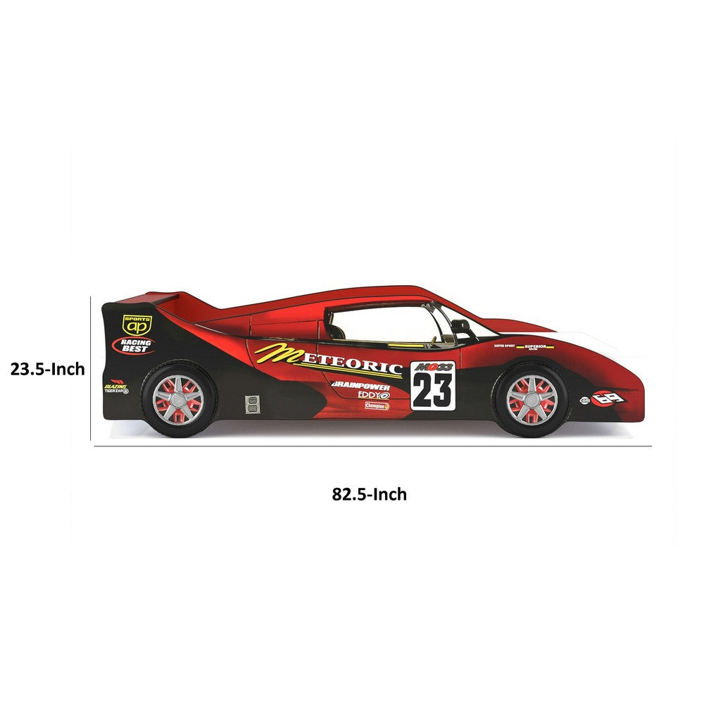 Teri Twin Size Kids Bed with Racecar Decals and Spoiler, Maroon Red - BM342393