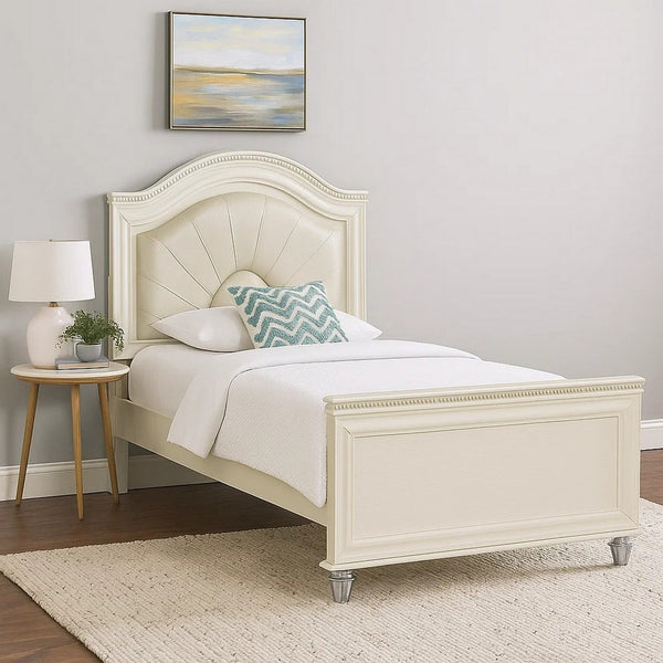 Jisoo Full Size Bed, Pearl White Upholstery, Radial Arch Headboard - BM342395