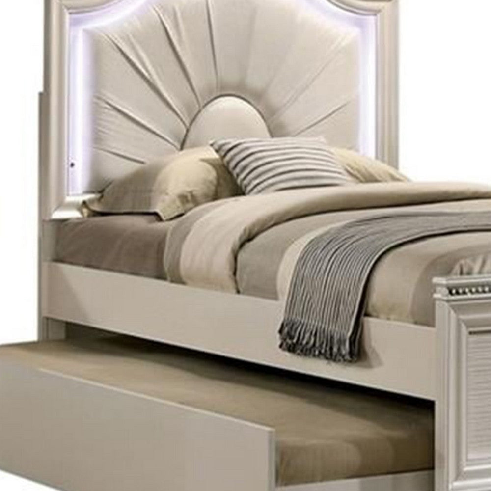 Jisoo Twin Size Bed, Pearl White Upholstery, Radial Arch Headboard - BM342397