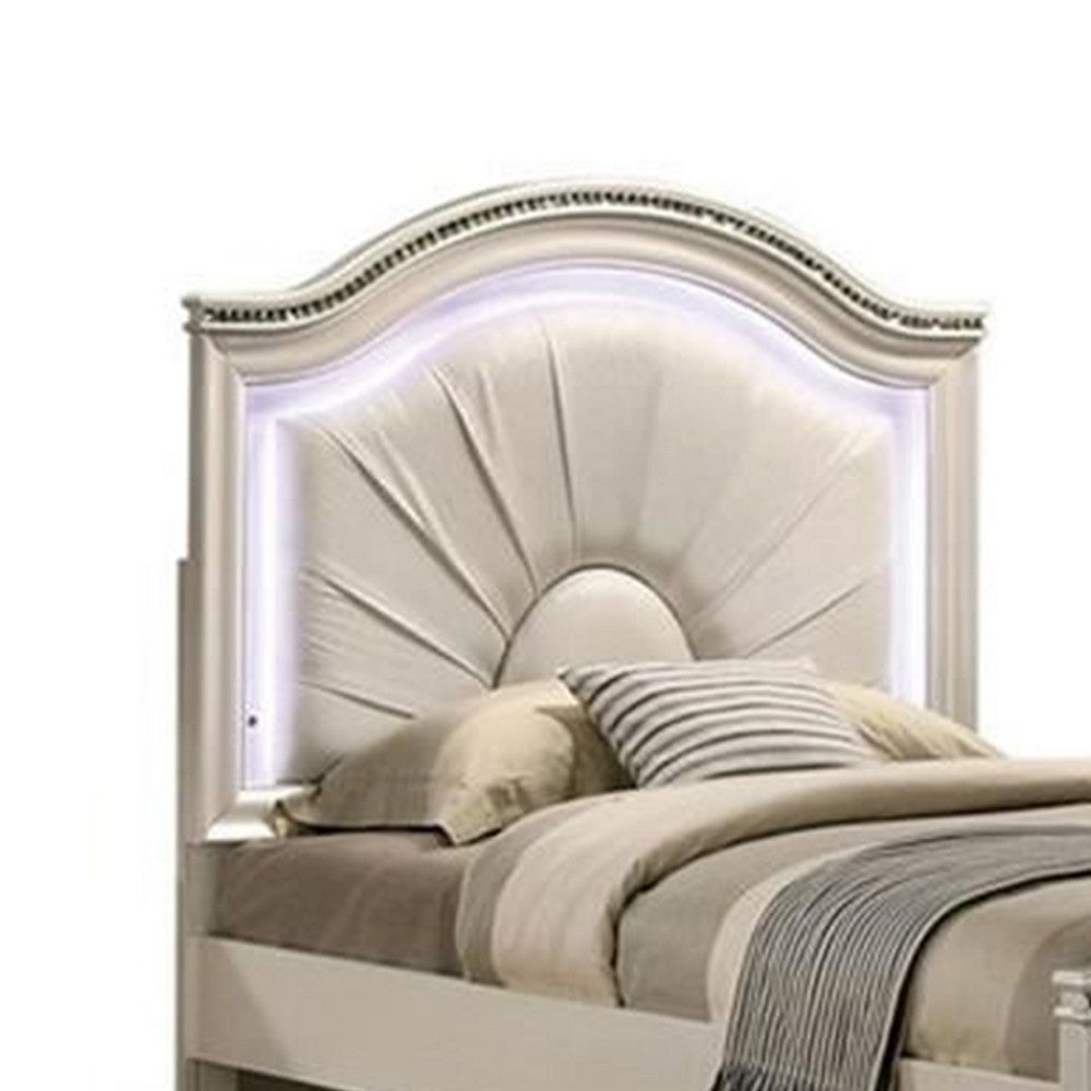 Jisoo Twin Size Bed, Pearl White Upholstery, Radial Arch Headboard - BM342397