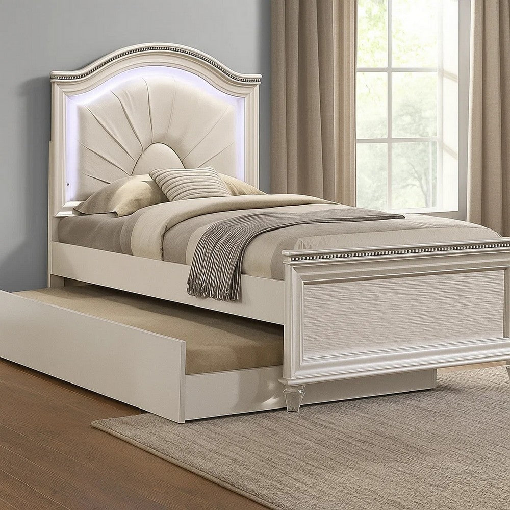 Jisoo Twin Size Bed, Pearl White Upholstery, Radial Arch Headboard - BM342397