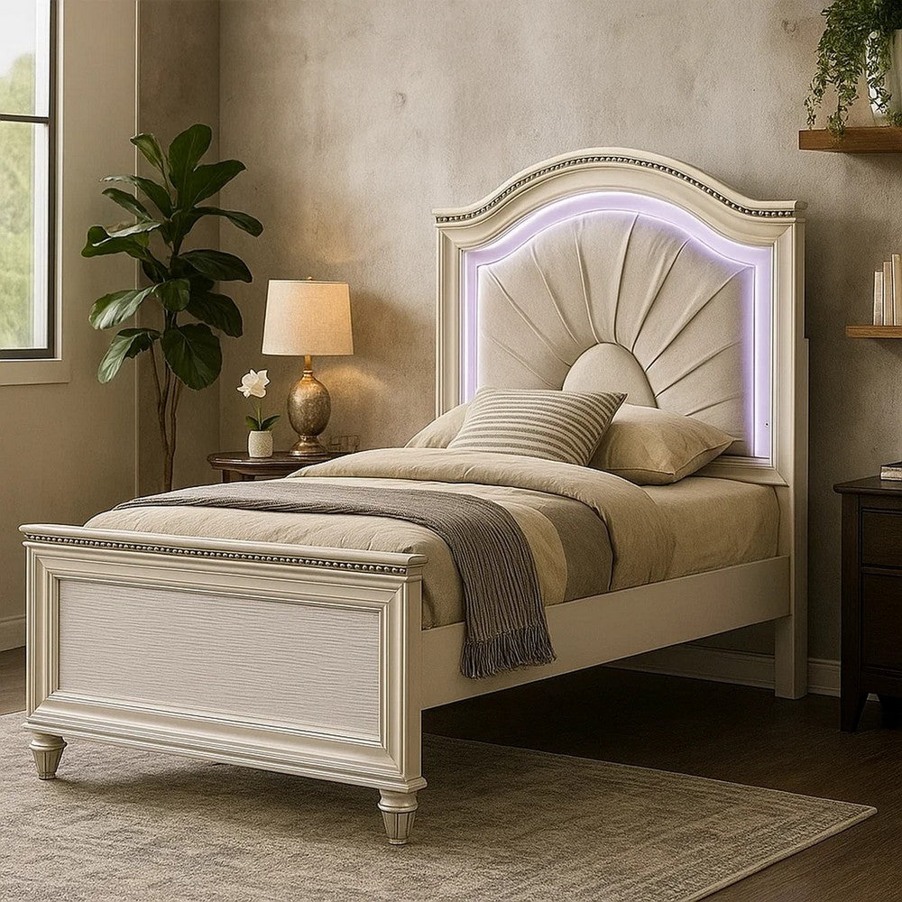 Jisoo Twin Size Bed, Pearl White Upholstery, Radial Arch Headboard - BM342397