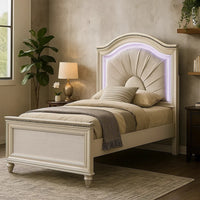 Jisoo Twin Size Bed, Pearl White Upholstery, Radial Arch Headboard - BM342397