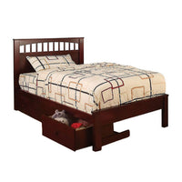Resy Twin Size Bed, Slatted Headboard and Side Drawers, Cherry Brown - BM342398