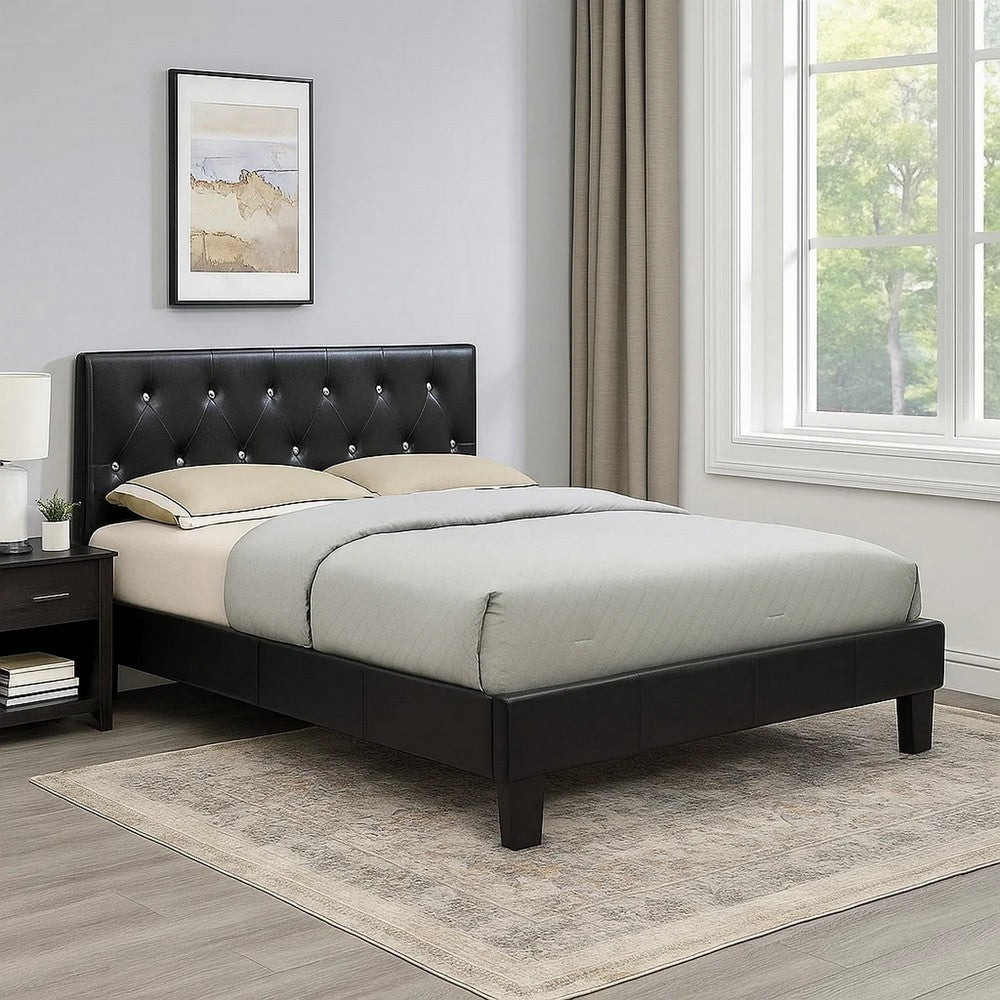 Legy Full Size Bed, Minimalist Button Tufted Black Faux Leather Upholstery - BM342399