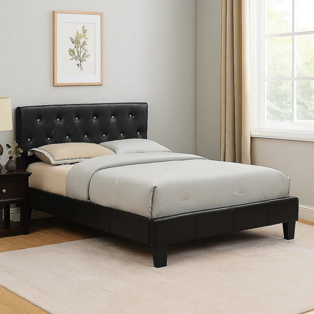 Legy Full Size Bed, Minimalist Button Tufted Black Faux Leather Upholstery - BM342399