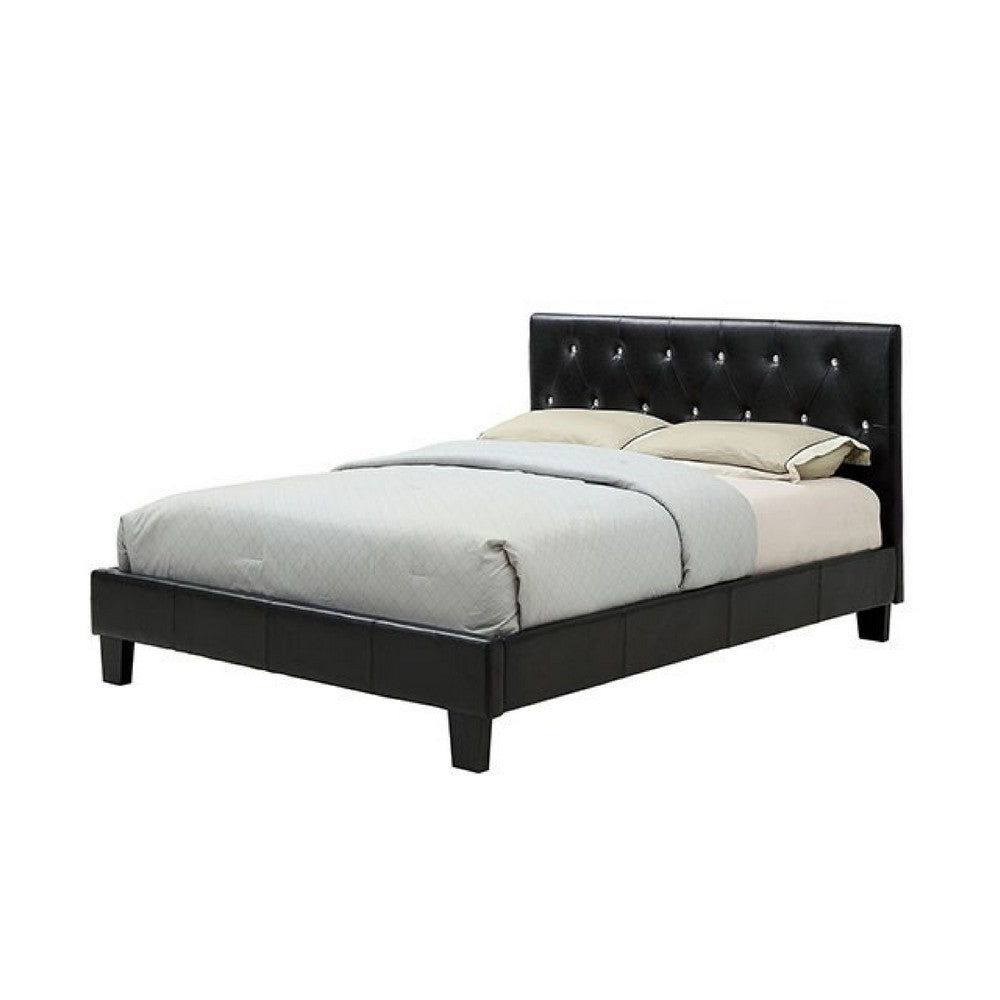 Legy Queen Size Bed, Button Tufted Black Faux Leather Upholstery - BM342400