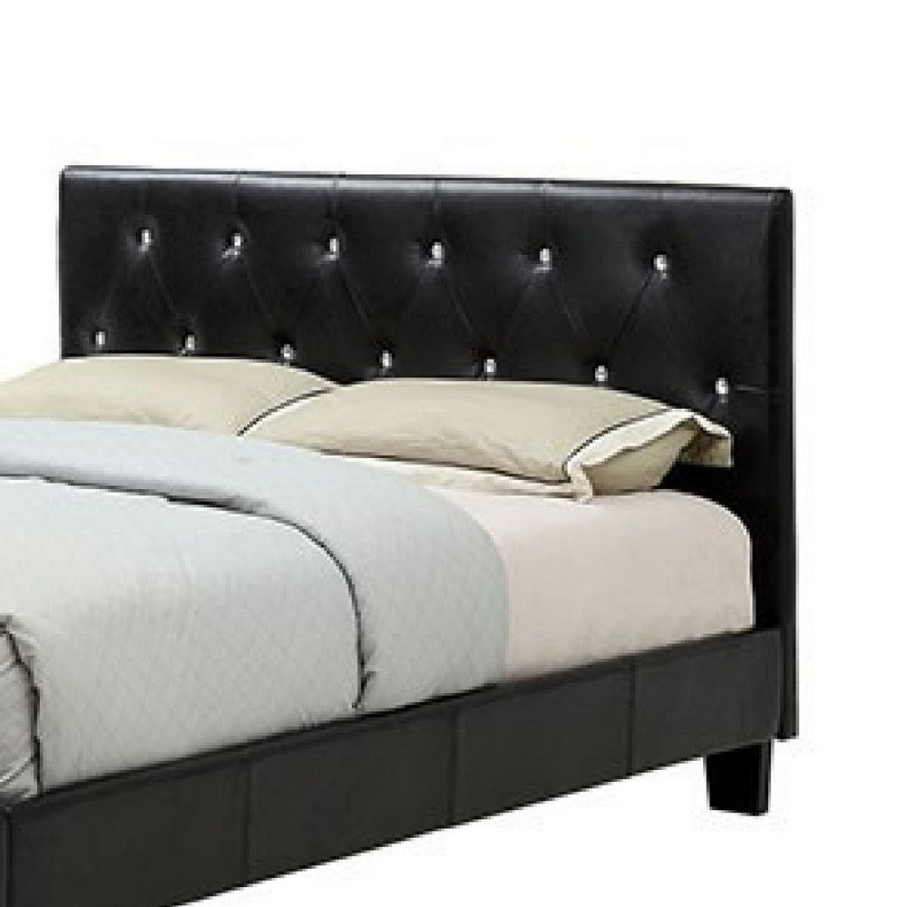Legy Queen Size Bed, Button Tufted Black Faux Leather Upholstery - BM342400