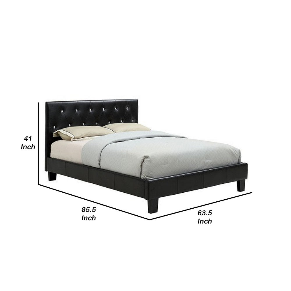 Legy Queen Size Bed, Button Tufted Black Faux Leather Upholstery - BM342400