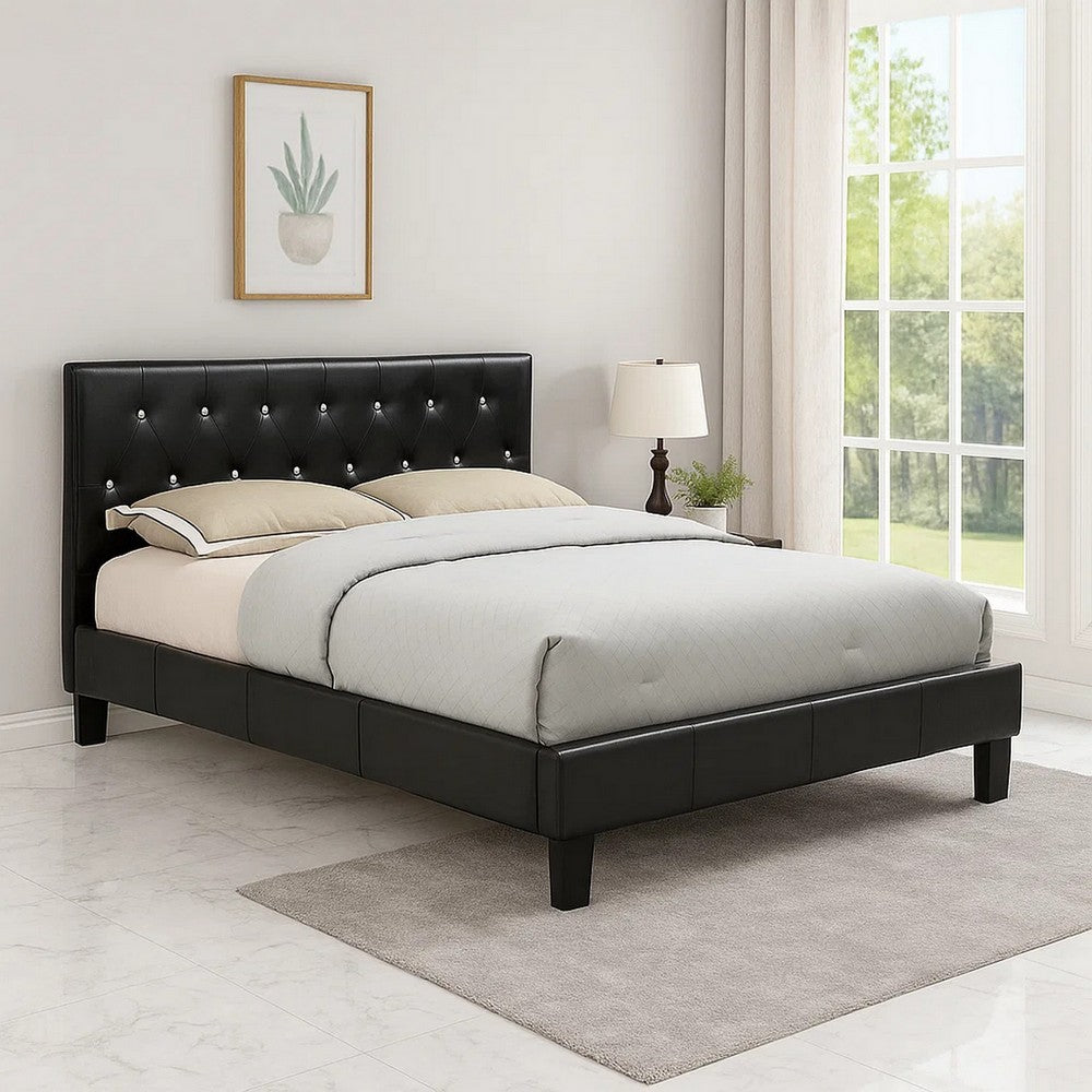 Legy Queen Size Bed, Button Tufted Black Faux Leather Upholstery - BM342400