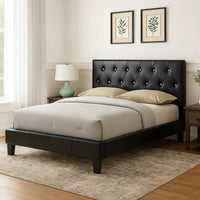 Legy Queen Size Bed, Button Tufted Black Faux Leather Upholstery - BM342400