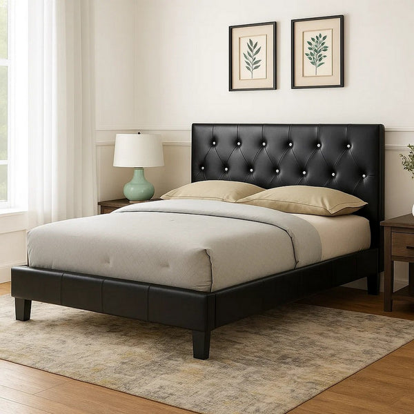 Legy Queen Size Bed, Button Tufted Black Faux Leather Upholstery - BM342400