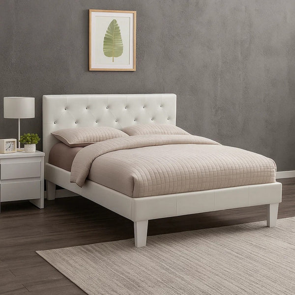 Legy Twin Size Bed, Button Tufted White Faux Leather Upholstery - BM342401