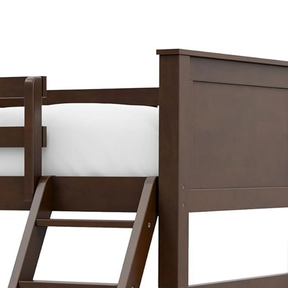 Zedy Twin over Twin Bunk Bed, Ladder and Guardrails, Walnut Brown Wood - BM342409