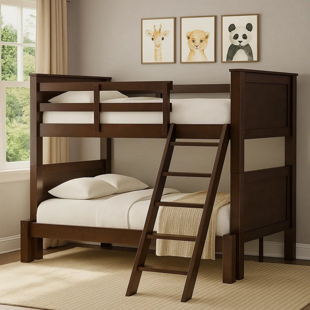 Zedy Twin over Twin Bunk Bed, Ladder and Guardrails, Walnut Brown Wood - BM342409