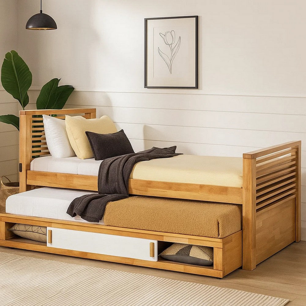 Dilu Twin Size Captain Bed with Storage Trundle, Light Oak Brown - BM342414