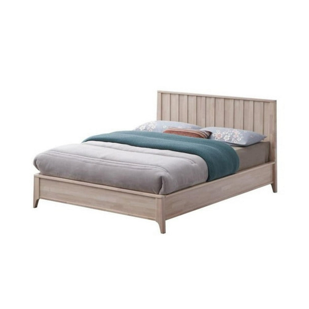 Vasu Twin Size Bed, Reeded Headboard, Whitewash Solid Rubberwood - BM342416
