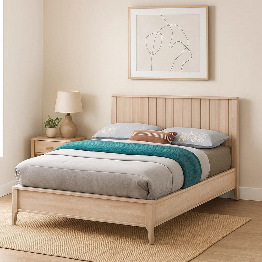 Vasu Twin Size Bed, Reeded Headboard, Whitewash Solid Rubberwood - BM342416