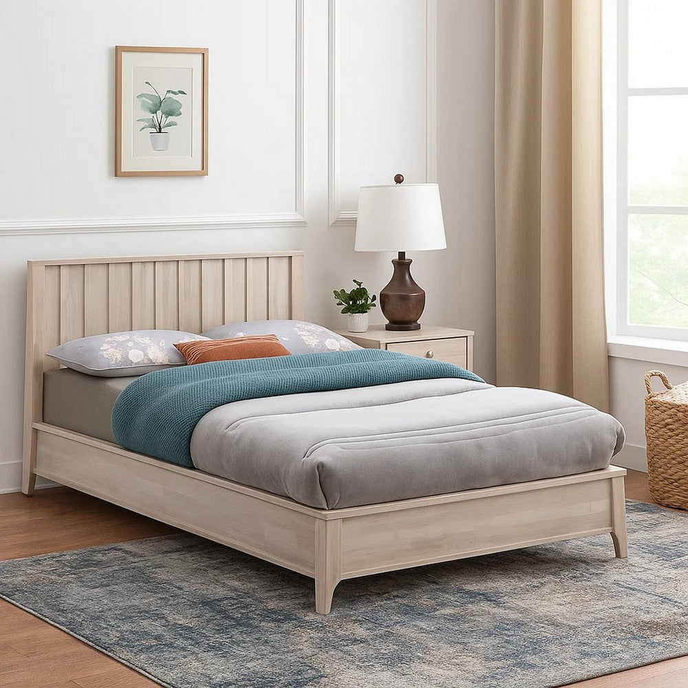 Vasu Twin Size Bed, Reeded Headboard, Whitewash Solid Rubberwood - BM342416