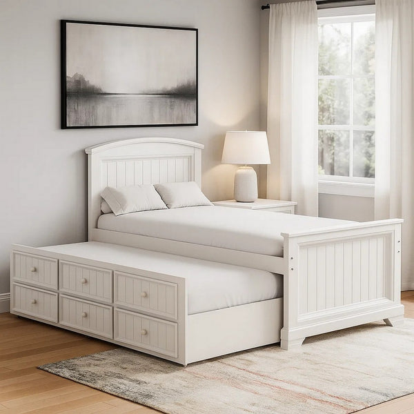 Toli Twin Captain Bed w Trundle, Drawers, White Curved Panel Headboard - BM342417