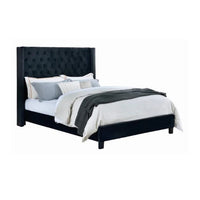 Hiu Queen Size Bed, Wingback Headboard in Black Velvet Like Upholstery - BM342419