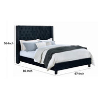 Hiu Queen Size Bed, Wingback Headboard in Black Velvet Like Upholstery - BM342419