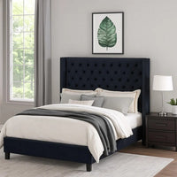 Hiu Queen Size Bed, Wingback Headboard in Black Velvet Like Upholstery - BM342419