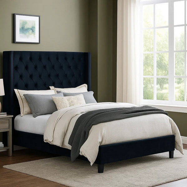 Hiu Queen Size Bed, Wingback Headboard in Black Velvet Like Upholstery - BM342419