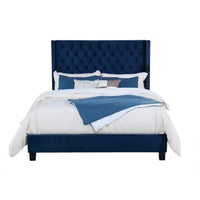 Hiu Queen Size Bed, Wingback Headboard, Navy Blue Velvet Like Upholstery - BM342421