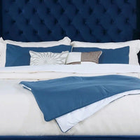Hiu Queen Size Bed, Wingback Headboard, Navy Blue Velvet Like Upholstery - BM342421