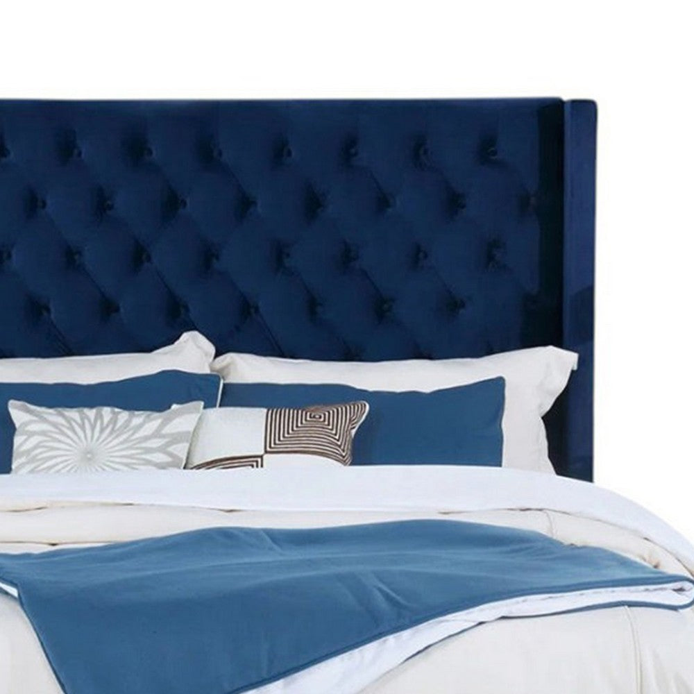 Hiu Queen Size Bed, Wingback Headboard, Navy Blue Velvet Like Upholstery - BM342421