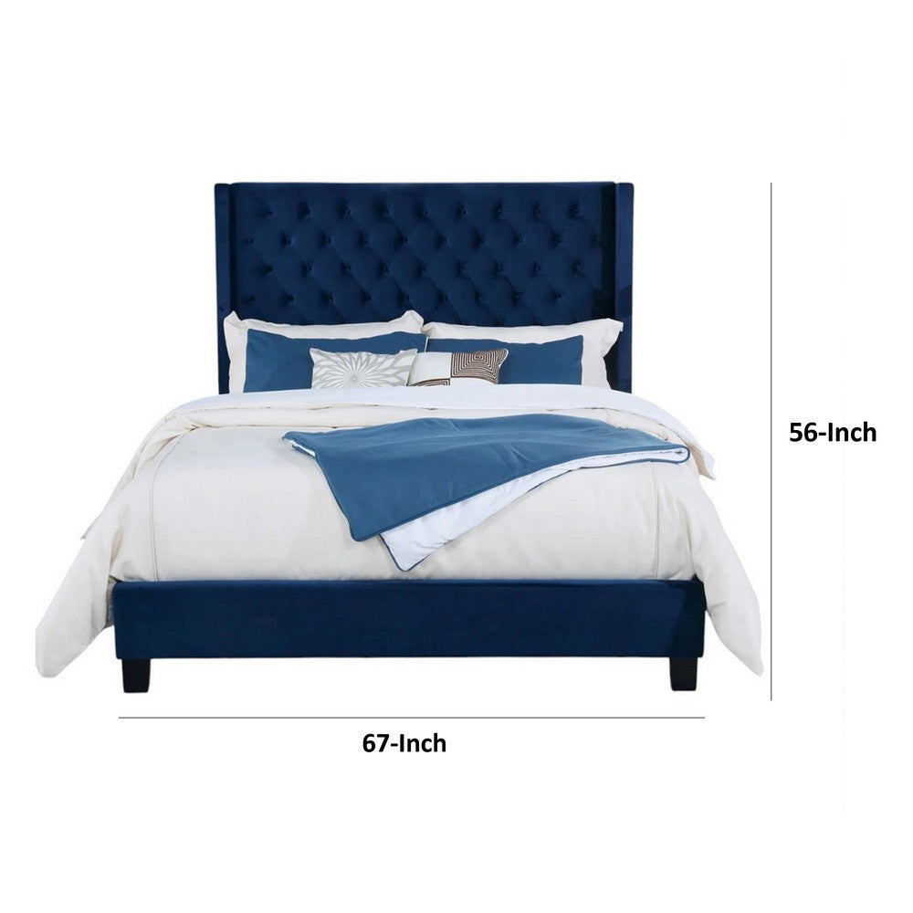 Hiu Queen Size Bed, Wingback Headboard, Navy Blue Velvet Like Upholstery - BM342421