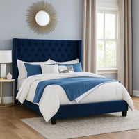 Hiu Queen Size Bed, Wingback Headboard, Navy Blue Velvet Like Upholstery - BM342421