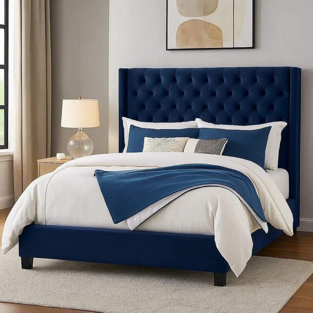 Hiu Queen Size Bed, Wingback Headboard, Navy Blue Velvet Like Upholstery - BM342421