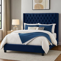 Hiu Queen Size Bed, Wingback Headboard, Navy Blue Velvet Like Upholstery - BM342421