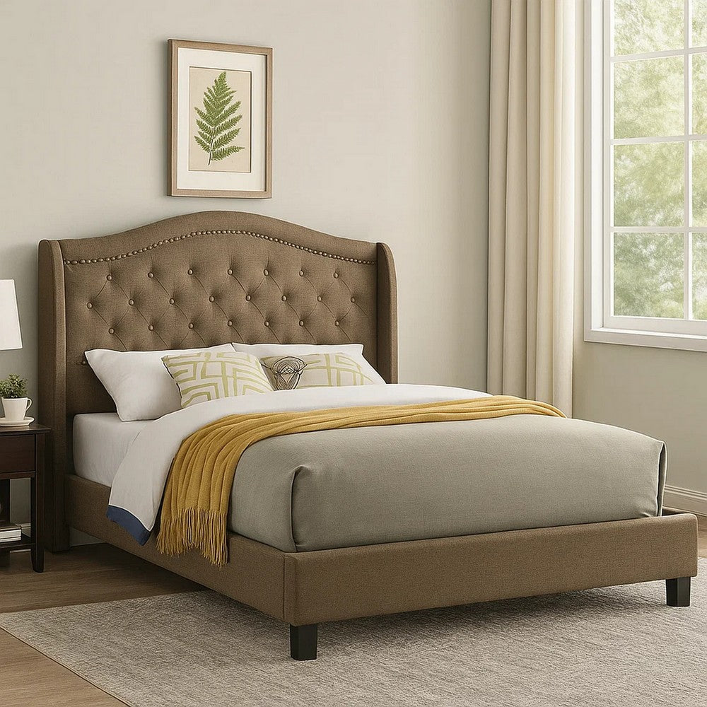Cez Full Size Bed w Button Tufted Headboard, Brown Fabric Upholstery - BM342423