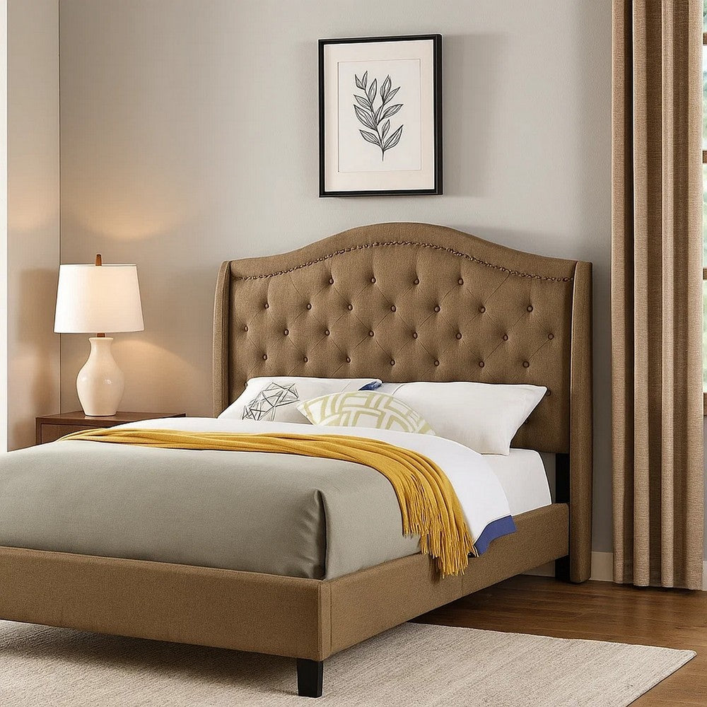 Cez Full Size Bed w Button Tufted Headboard, Brown Fabric Upholstery - BM342423
