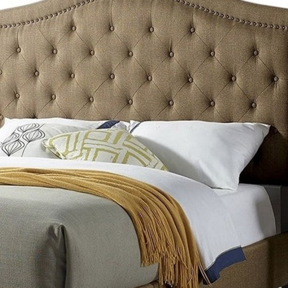 Cez Queen Size Bed w Button Tufted Headboard, Brown Fabric Upholstery - BM342424