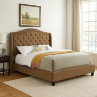 Cez Queen Size Bed w Button Tufted Headboard, Brown Fabric Upholstery - BM342424