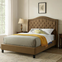 Cez Queen Size Bed w Button Tufted Headboard, Brown Fabric Upholstery - BM342424
