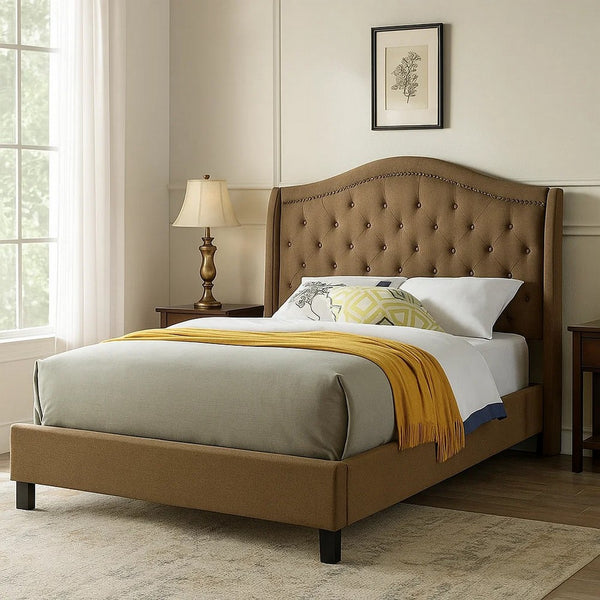 Cez Queen Size Bed w Button Tufted Headboard, Brown Fabric Upholstery - BM342424