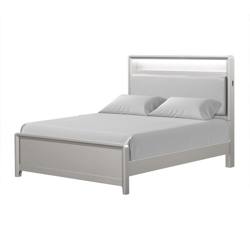 Broy Full Size Bed w LED Bookcase Headboard, Champagne Silver Veneer - BM342425