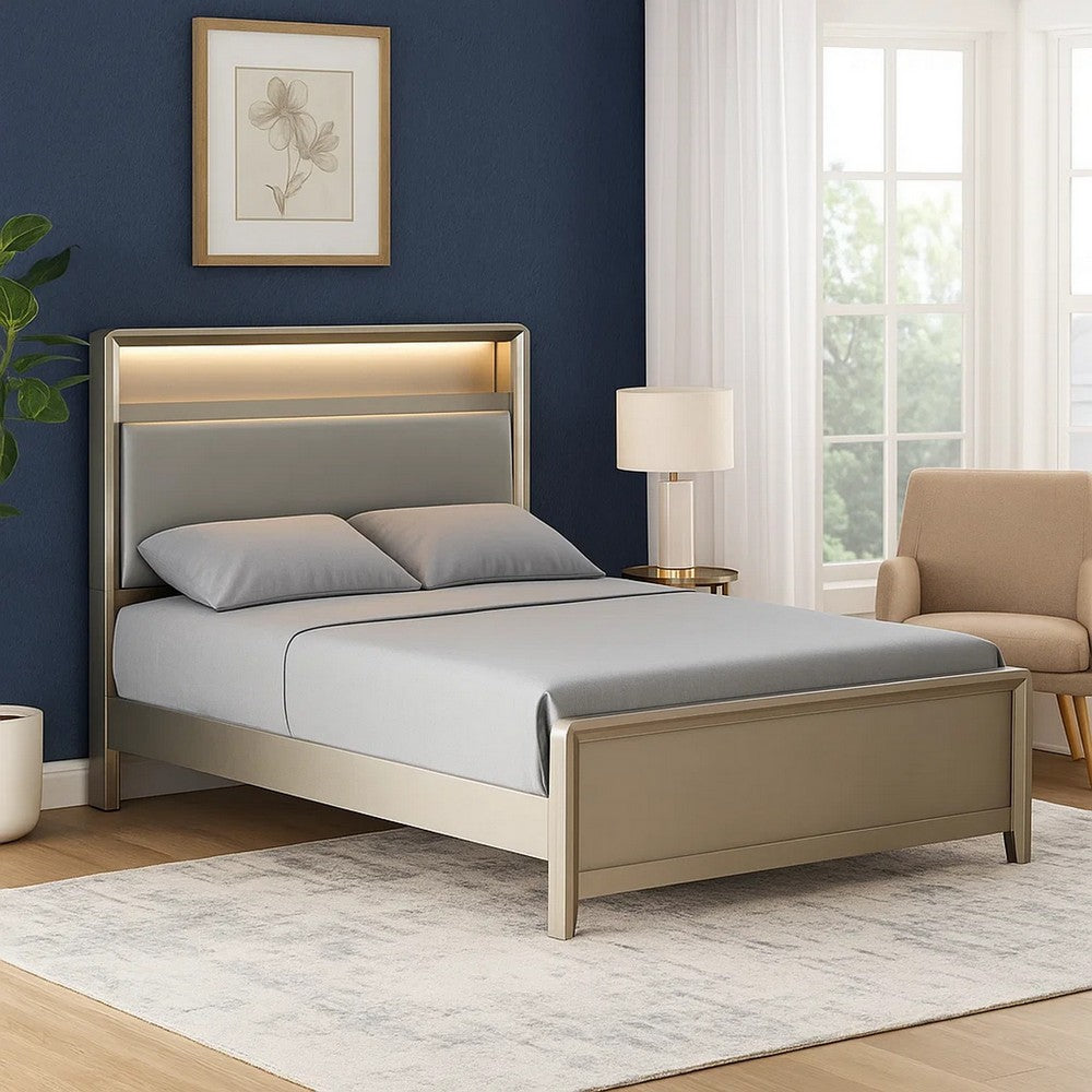 Broy Twin Size Bed w LED Bookcase Headboard, Champagne Silver Veneer - BM342427