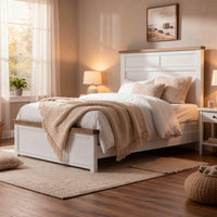Tela Full Size Bed w Recessed Panel Headboard, Dark Brown Trim, White - BM342430