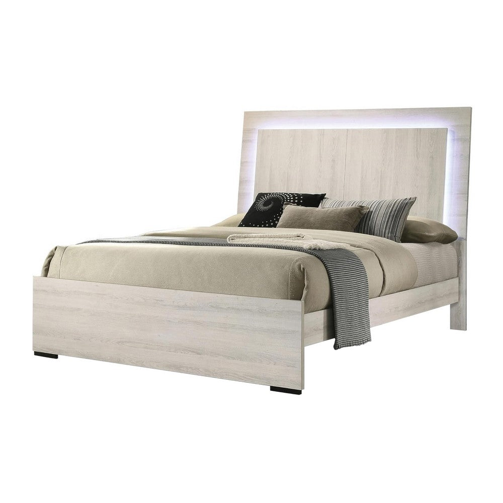 Hyao Queen Size Bed w LED on Headboard, Antique White Wash Finsih - BM342434