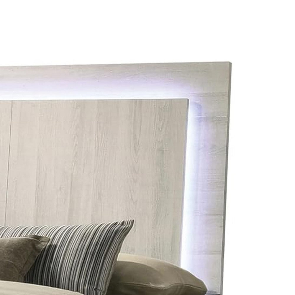 Hyao Queen Size Bed w LED on Headboard, Antique White Wash Finsih - BM342434